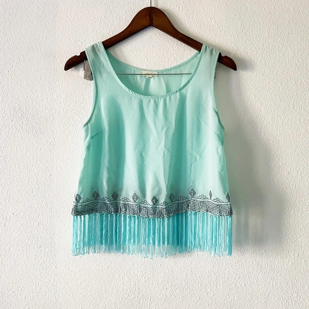 Western Fringe Tank Boho Crop Pastel Blue Tassel Top Mint Blue Size Small Summer